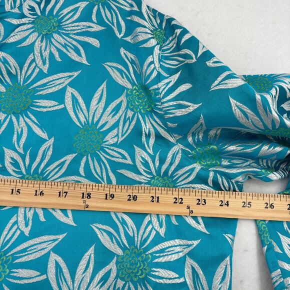 Chico's Blouse Size XL Blue Embroidered Floral Silk Blend Mandarin Collar Shirt - Picture 8 of 10